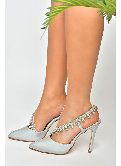 Gümüş Saten Kumaş Taşlı Kadın Abiye Ayakkabı M246062704 - Görsel 3