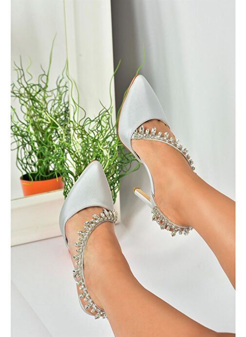 Gümüş Saten Kumaş Taşlı Kadın Abiye Ayakkabı M246062704 - Görsel 4