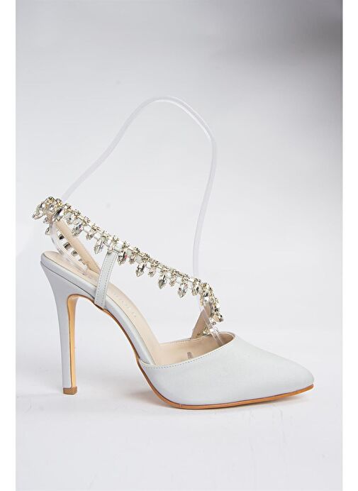 Gümüş Saten Kumaş Taşlı Kadın Abiye Ayakkabı M246062704 - Görsel 6