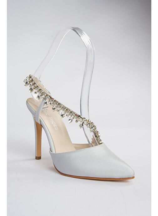 Gümüş Saten Kumaş Taşlı Kadın Abiye Ayakkabı M246062704 - Görsel 7