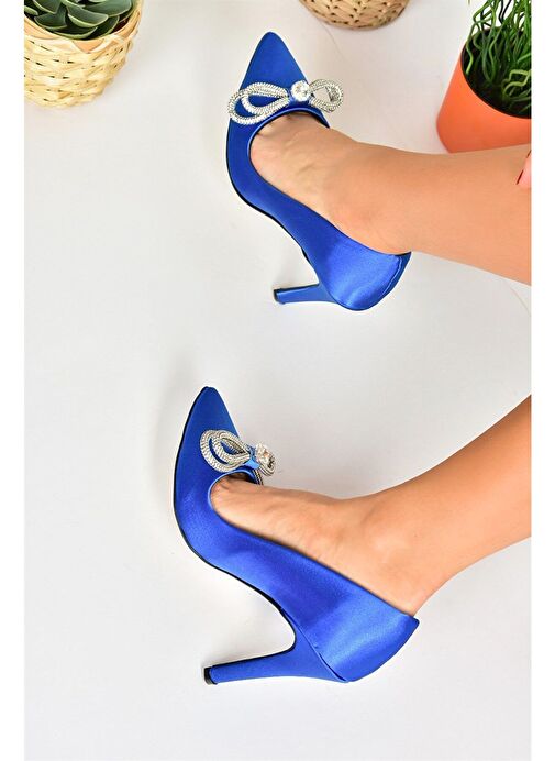Saks Mavi Saten Kumaş Taşlı Kadın Stiletto M253972004 - Görsel 2