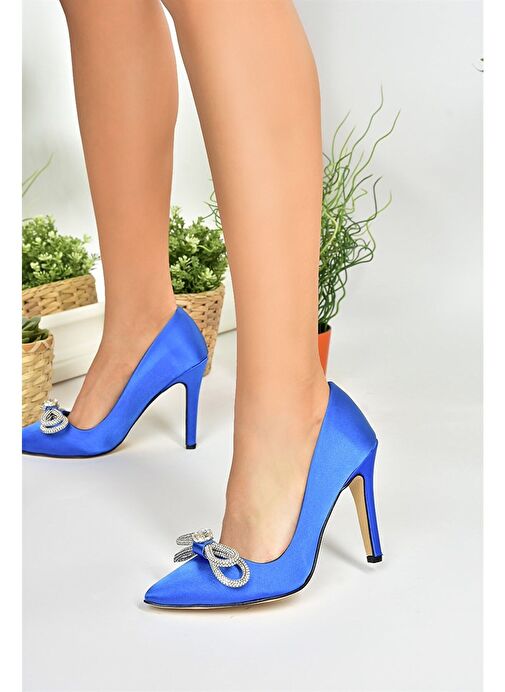 Saks Mavi Saten Kumaş Taşlı Kadın Stiletto M253972004 - Görsel 5