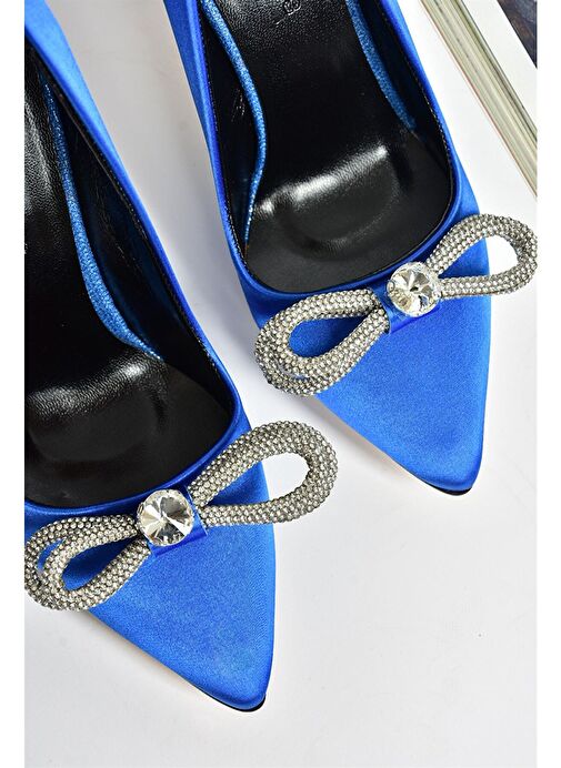 Saks Mavi Saten Kumaş Taşlı Kadın Stiletto M253972004 - Görsel 7