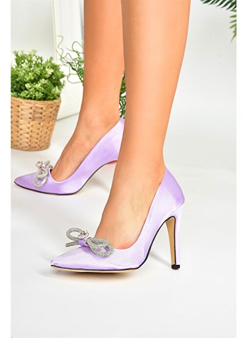 Lila Saten Kumaş Taşlı Kadın Stiletto M253972004 - Görsel 4
