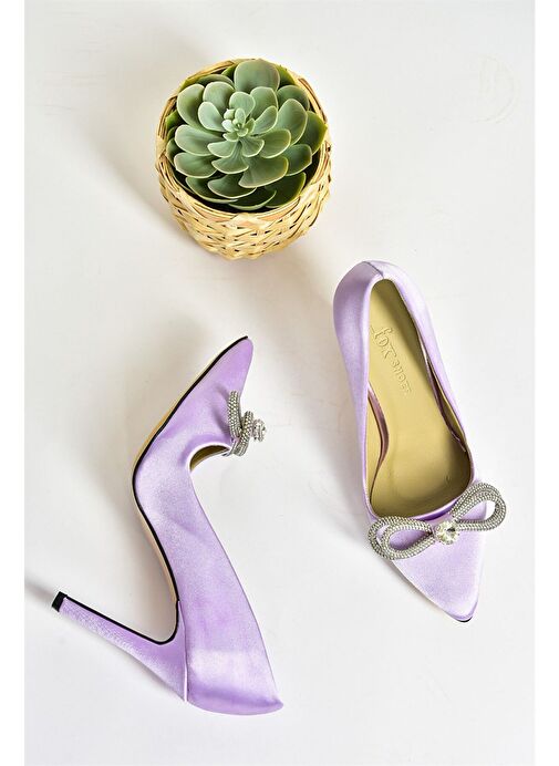 Lila Saten Kumaş Taşlı Kadın Stiletto M253972004 - Görsel 7