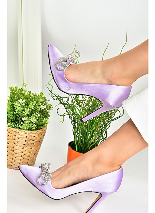 Lila Saten Kumaş Taşlı Kadın Stiletto M253972004 - Görsel 8