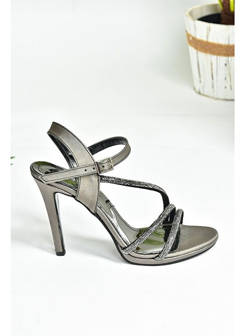 Platin Saten Kumaş Taşlı Kadın Abiye Topuklu Ayakkabı M246011104 - Görsel 7