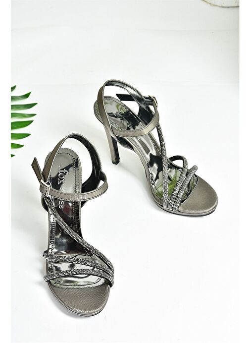 Platin Saten Kumaş Taşlı Kadın Abiye Topuklu Ayakkabı M246011104 - Görsel 9