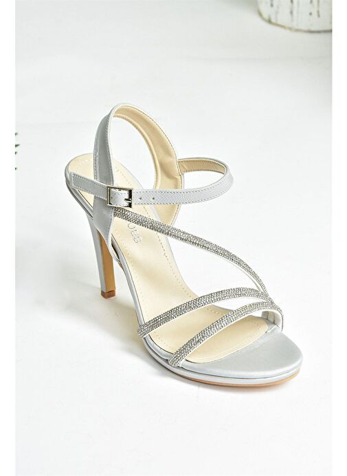 Gümüş Saten Kumaş Taşlı Kadın Abiye Topuklu Ayakkabı M246011104 - Görsel 9