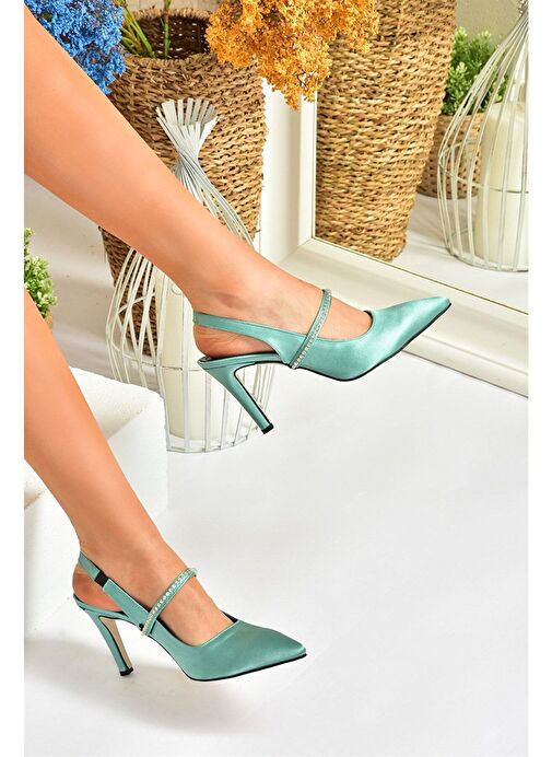 Yeşil Saten Kumaş Taşlı Topuklu Ayakkabı M404707404 - Görsel 2