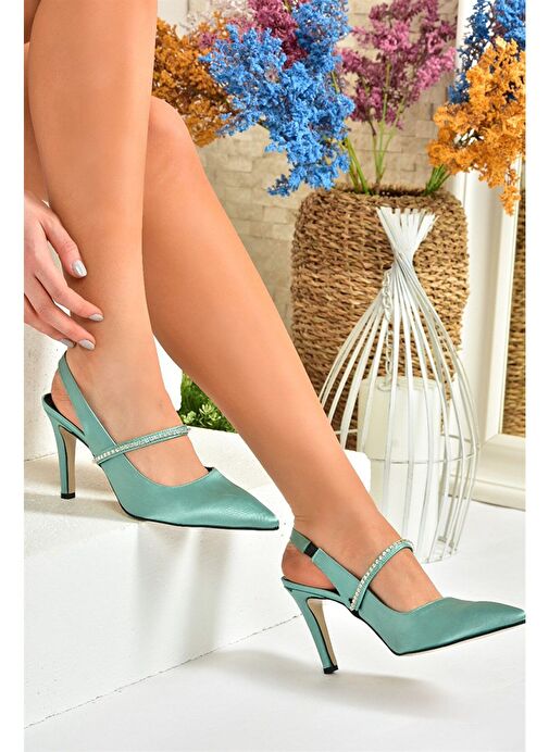 Yeşil Saten Kumaş Taşlı Topuklu Ayakkabı M404707404 - Görsel 3
