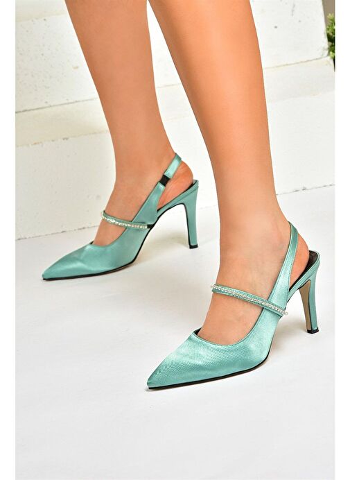 Yeşil Saten Kumaş Taşlı Topuklu Ayakkabı M404707404 - Görsel 6