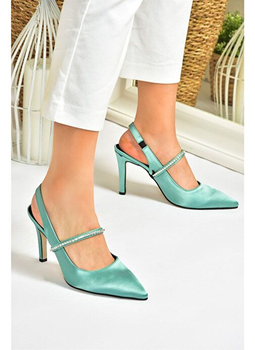 Yeşil Saten Kumaş Taşlı Topuklu Ayakkabı M404707404 - Görsel 7