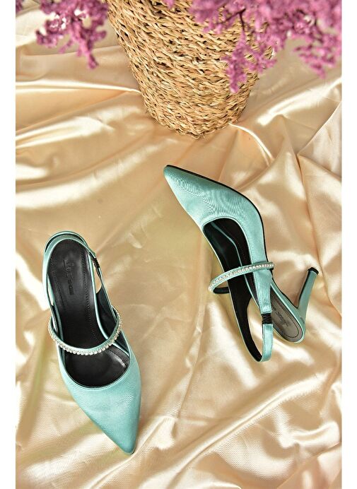 Yeşil Saten Kumaş Taşlı Topuklu Ayakkabı M404707404 - Görsel 9
