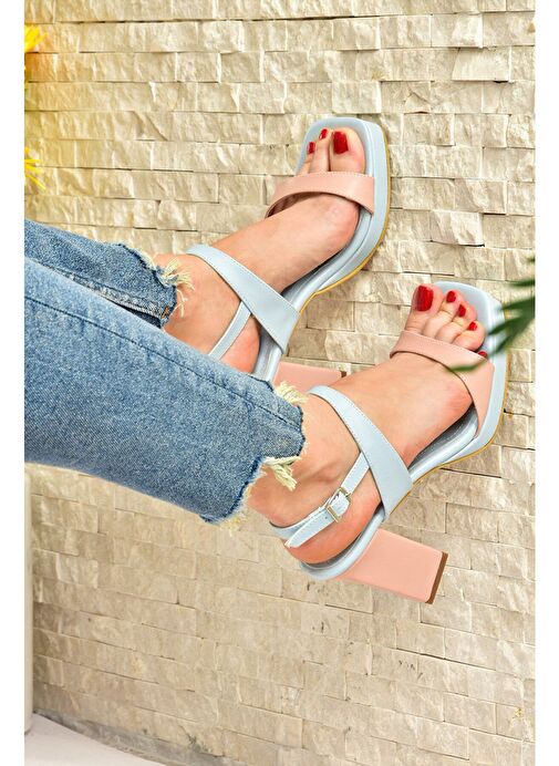 Mavi/Pudra Kalın Platform Topuklu Kadın Ayakkabı M282062309 - Görsel 6