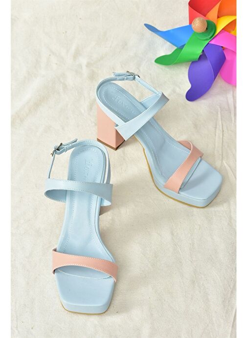 Mavi/Pudra Kalın Platform Topuklu Kadın Ayakkabı M282062309 - Görsel 9