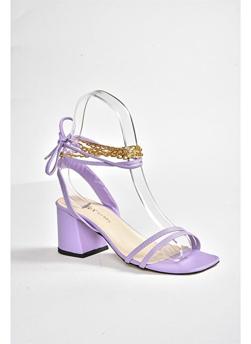 Lila Kısa Topuklu Altın Zincir Detaylı Bilekten Bağlamalı Kadın Ayakkabı M369541209 - Görsel 9