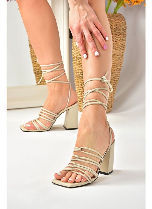 Bej Kalın Topuklu Bilekten Bağlamalı Kadın Ayakkabı M369544009 - Görsel 2