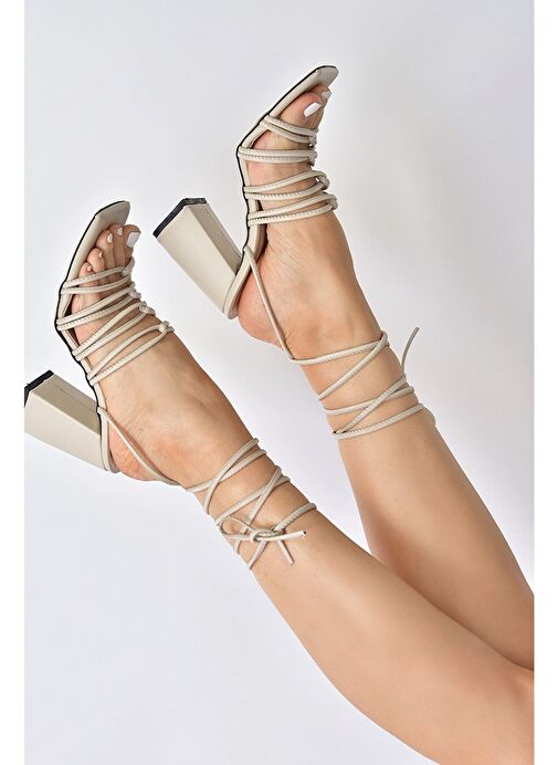 Bej Kalın Topuklu Bilekten Bağlamalı Kadın Ayakkabı M369544009 - Görsel 3