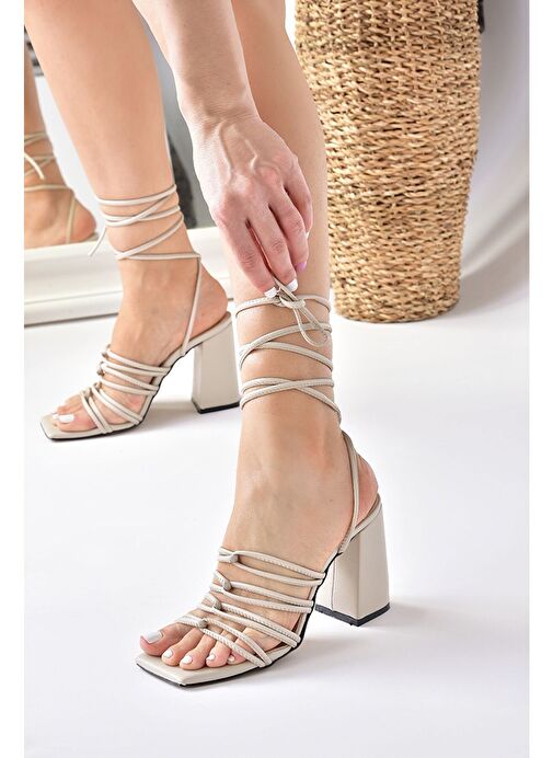 Bej Kalın Topuklu Bilekten Bağlamalı Kadın Ayakkabı M369544009 - Görsel 5