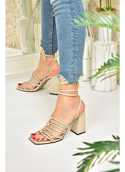 Bej Kalın Topuklu Bilekten Bağlamalı Kadın Ayakkabı M369544009 - Görsel 7