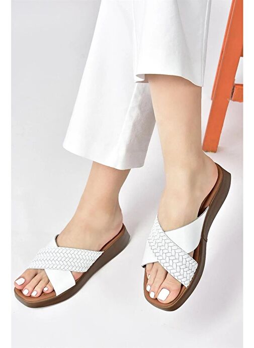 Beyaz Hakiki Deri Çapraz Bantlı Kadın Terlik M291049903 - Görsel 2