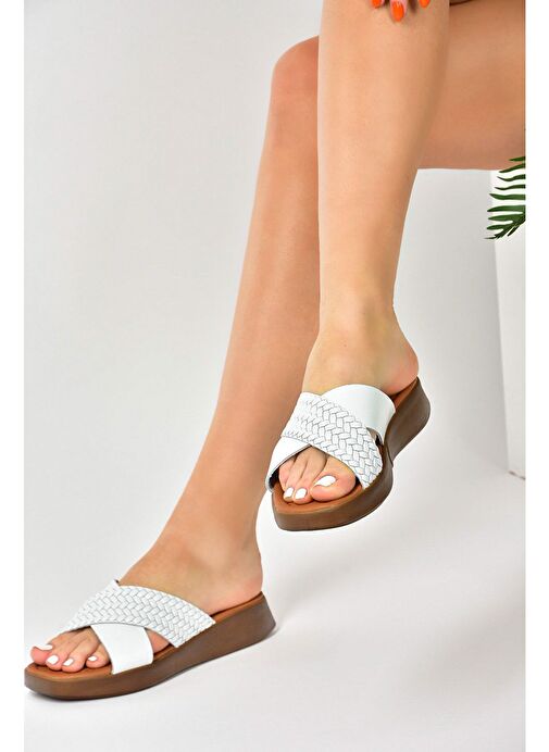 Beyaz Hakiki Deri Çapraz Bantlı Kadın Terlik M291049903 - Görsel 3