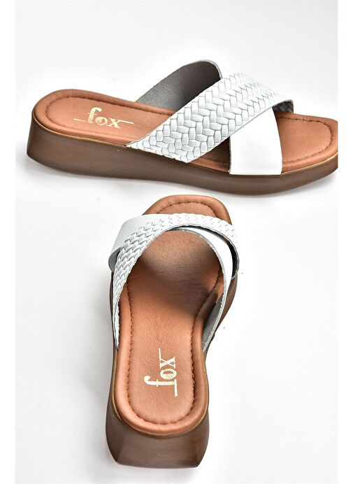 Beyaz Hakiki Deri Çapraz Bantlı Kadın Terlik M291049903 - Görsel 5