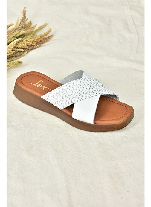 Beyaz Hakiki Deri Çapraz Bantlı Kadın Terlik M291049903 - Görsel 6