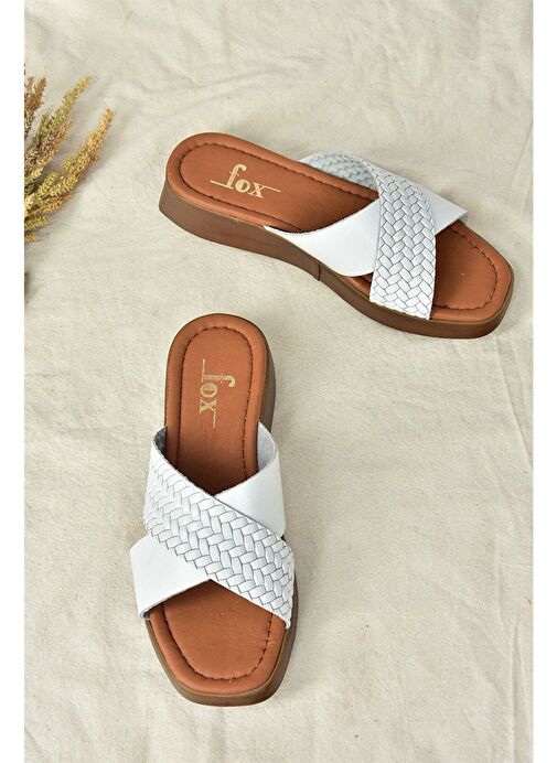 Beyaz Hakiki Deri Çapraz Bantlı Kadın Terlik M291049903 - Görsel 7