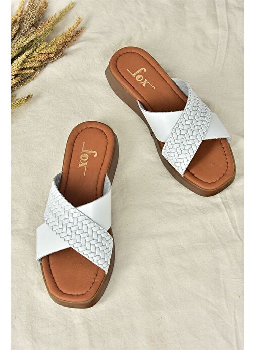 Beyaz Hakiki Deri Çapraz Bantlı Kadın Terlik M291049903 - Görsel 8