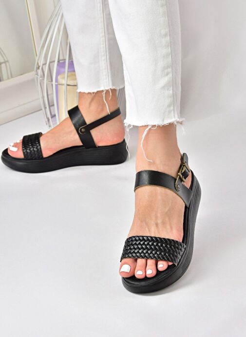 Siyah Hakiki Deri Örgü Modelli Günlük Kadın Sandalet M291053603 - Görsel 6