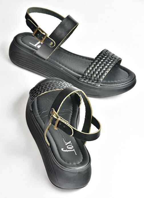 Siyah Hakiki Deri Örgü Modelli Günlük Kadın Sandalet M291053603 - Görsel 8