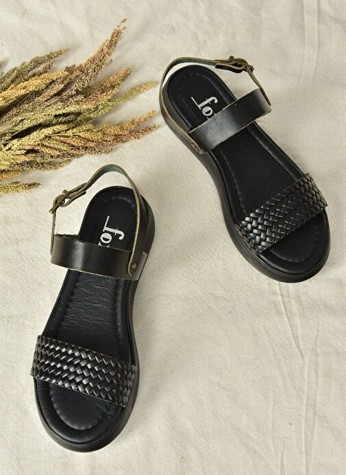 Siyah Hakiki Deri Örgü Modelli Günlük Kadın Sandalet M291053603 - Görsel 9