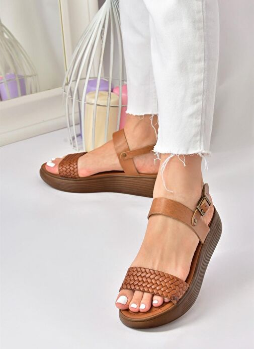 Taba Hakiki Deri Örgü Modelli Günlük Kadın Sandalet M291053603 - Görsel 2