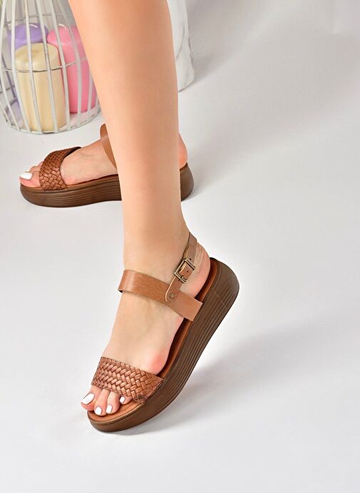 Taba Hakiki Deri Örgü Modelli Günlük Kadın Sandalet M291053603 - Görsel 3