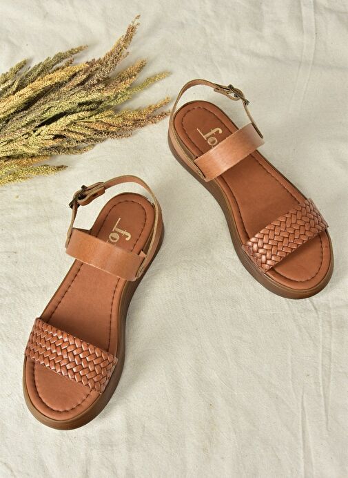 Taba Hakiki Deri Örgü Modelli Günlük Kadın Sandalet M291053603 - Görsel 5