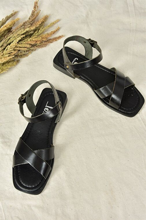 Siyah Hakiki Deri Çapraz Bantlı Günlük Kadın Sandalet M291041503 - Görsel 6