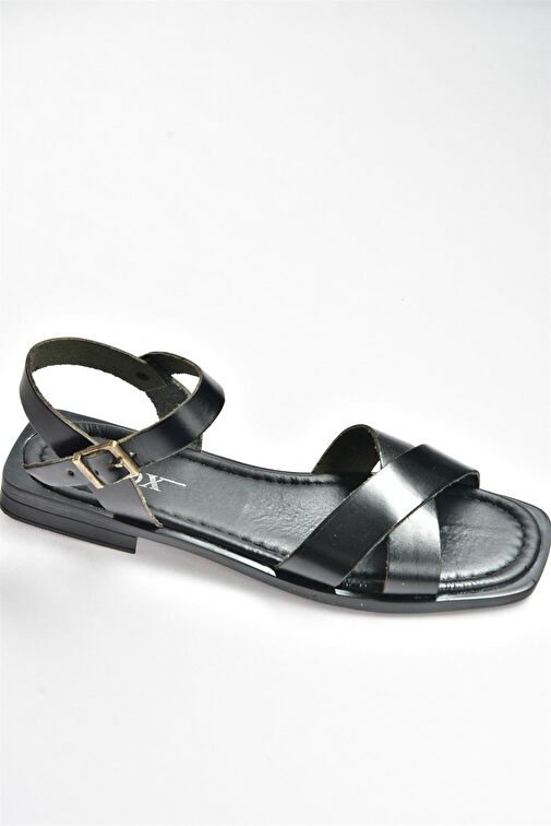 Siyah Hakiki Deri Çapraz Bantlı Günlük Kadın Sandalet M291041503 - Görsel 7