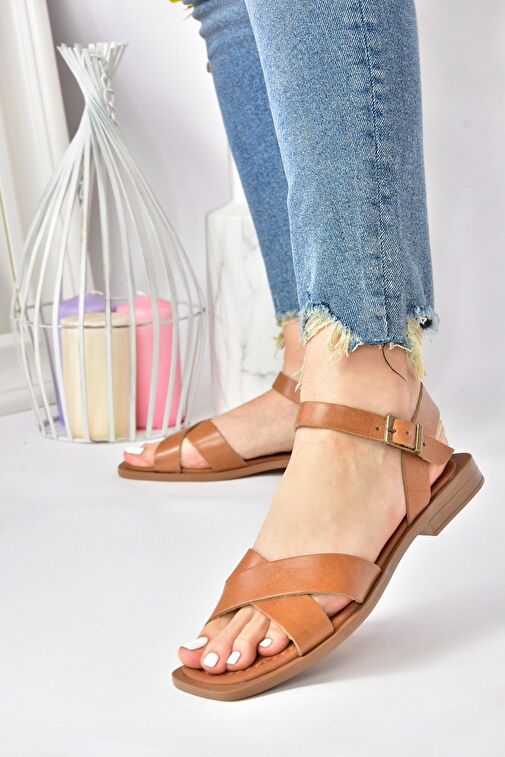 Taba Hakiki Deri Çapraz Bantlı Günlük Kadın Sandalet M291041503 - Görsel 5