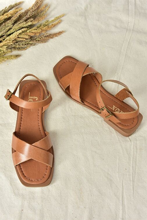 Taba Hakiki Deri Çapraz Bantlı Günlük Kadın Sandalet M291041503 - Görsel 6