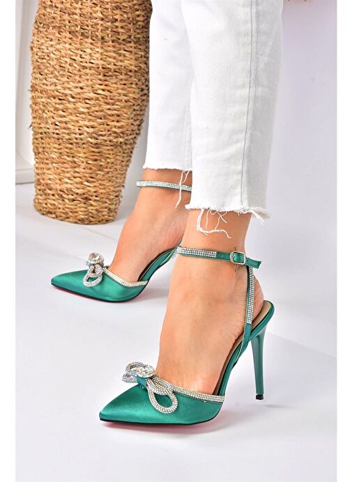 Yeşil Saten Kumaş Taşlı Kadın Topuklu Ayakkabı K654051204 - Görsel 2