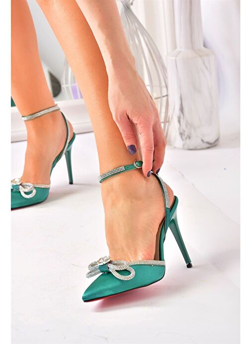 Yeşil Saten Kumaş Taşlı Kadın Topuklu Ayakkabı K654051204 - Görsel 3