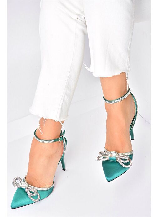 Yeşil Saten Kumaş Taşlı Kadın Topuklu Ayakkabı K654051204 - Görsel 5