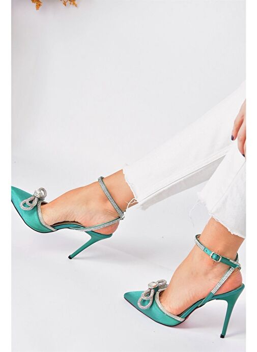Yeşil Saten Kumaş Taşlı Kadın Topuklu Ayakkabı K654051204 - Görsel 7