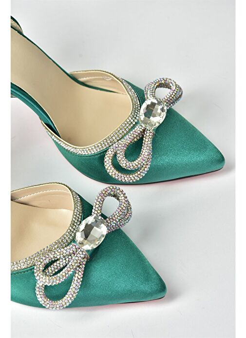 Yeşil Saten Kumaş Taşlı Kadın Topuklu Ayakkabı K654051204 - Görsel 8
