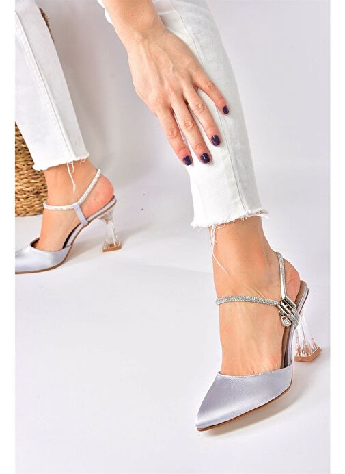 Gümüş Saten Kumaş Kadın Abiye Topuklu Ayakkabı M246066904 - Görsel 2