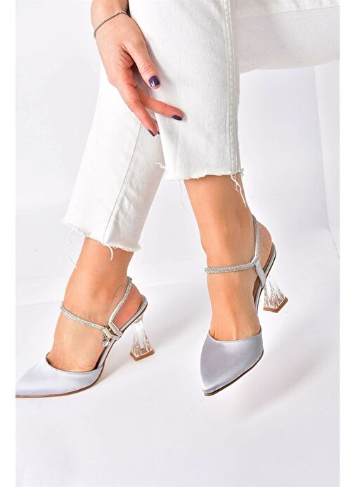 Gümüş Saten Kumaş Kadın Abiye Topuklu Ayakkabı M246066904 - Görsel 3