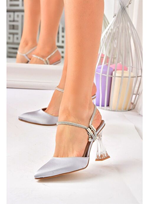 Gümüş Saten Kumaş Kadın Abiye Topuklu Ayakkabı M246066904 - Görsel 4