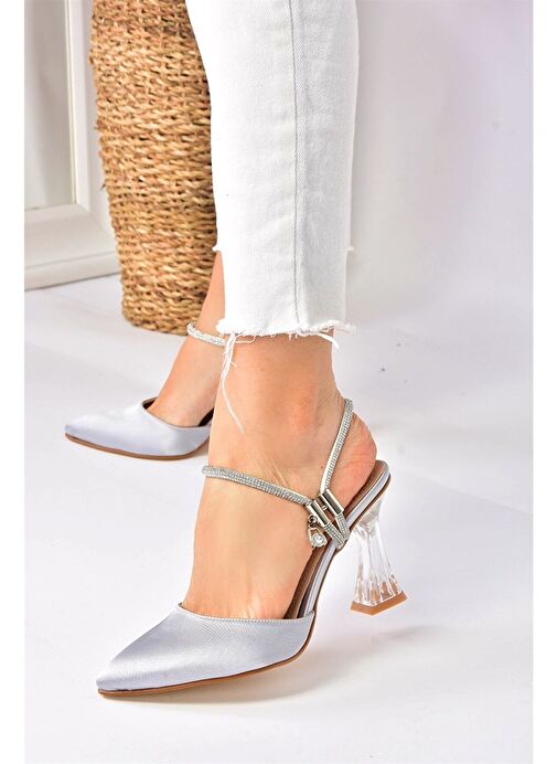 Gümüş Saten Kumaş Kadın Abiye Topuklu Ayakkabı M246066904 - Görsel 5